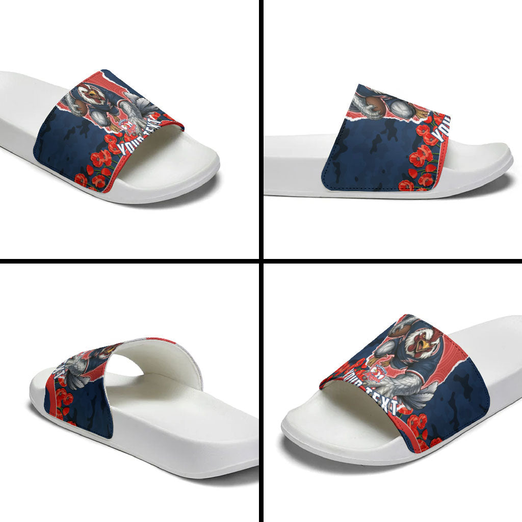 Personalized Sydney Roosters ANZAC Tribute Slide Sandals Poppy Field Soldier Silhouette Aboriginal Rugby Mascot