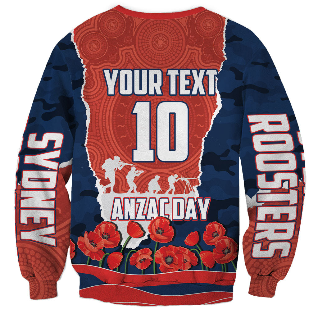 Personalized Sydney Roosters ANZAC Tribute Sweatshirt Poppy Field Soldier Silhouette Aboriginal Rugby Mascot