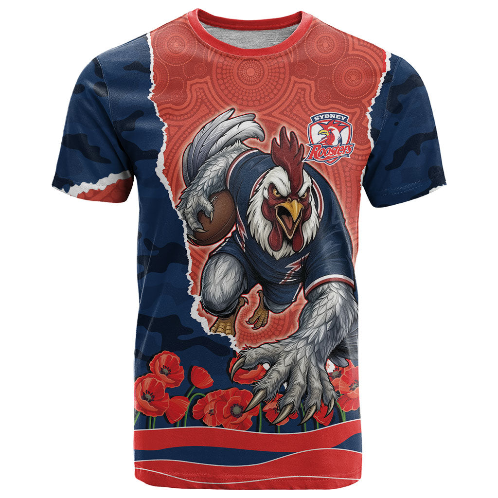 Personalized Sydney Roosters ANZAC Tribute T Shirt Poppy Field Soldier Silhouette Aboriginal Rugby Mascot