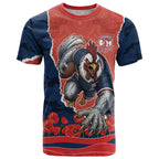 Personalized Sydney Roosters ANZAC Tribute T Shirt Poppy Field Soldier Silhouette Aboriginal Rugby Mascot