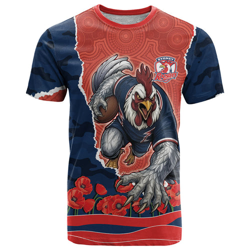 Personalized Sydney Roosters ANZAC Tribute T Shirt Poppy Field Soldier Silhouette Aboriginal Rugby Mascot