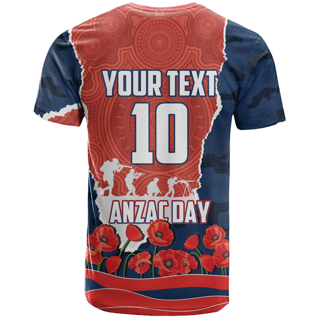 Personalized Sydney Roosters ANZAC Tribute T Shirt Poppy Field Soldier Silhouette Aboriginal Rugby Mascot
