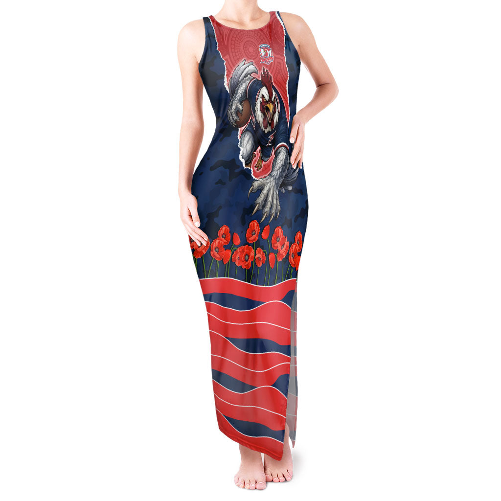 Personalized Sydney Roosters ANZAC Tribute Tank Maxi Dress Poppy Field Soldier Silhouette Aboriginal Rugby Mascot