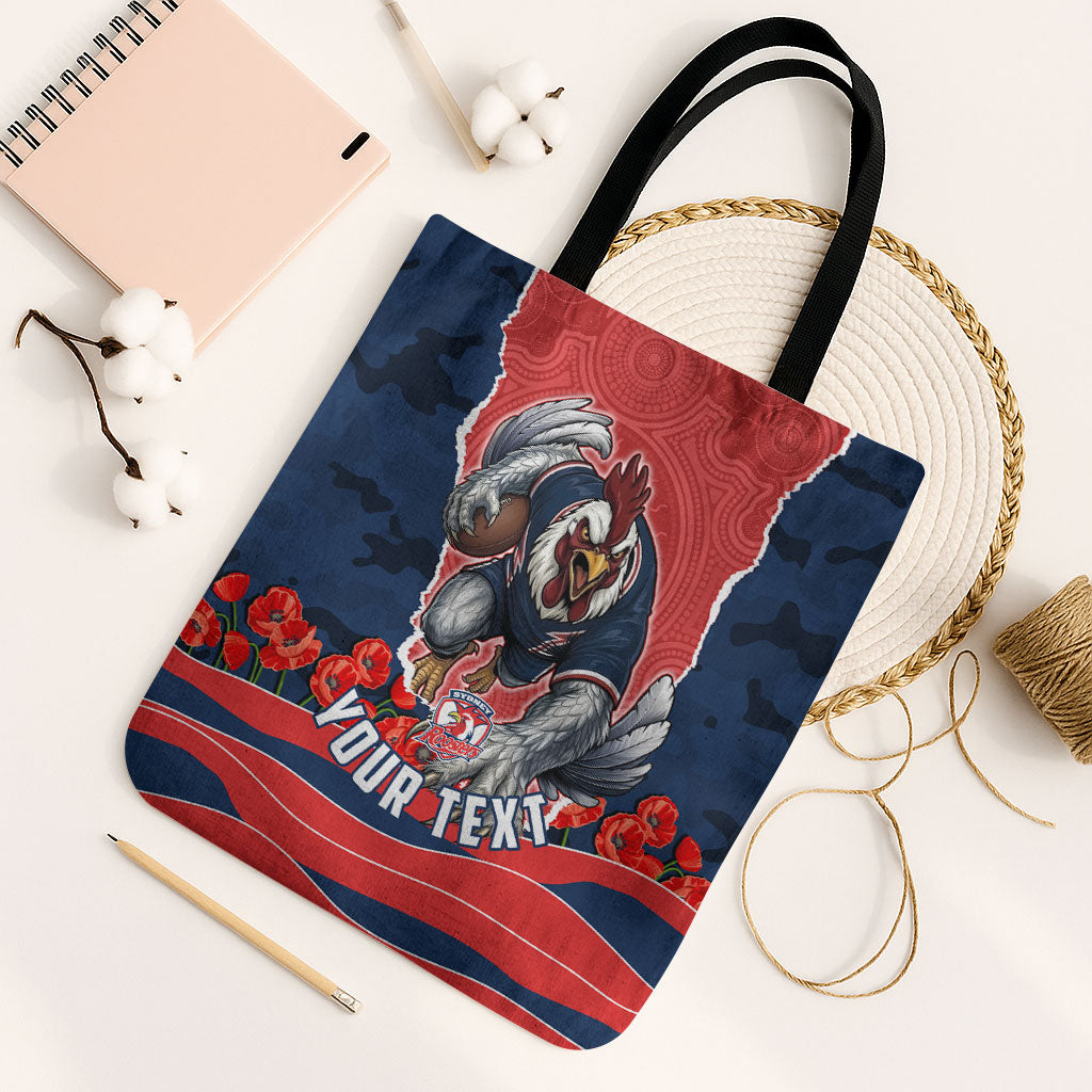 Personalized Sydney Roosters ANZAC Tribute Tote Bag Poppy Field Soldier Silhouette Aboriginal Rugby Mascot