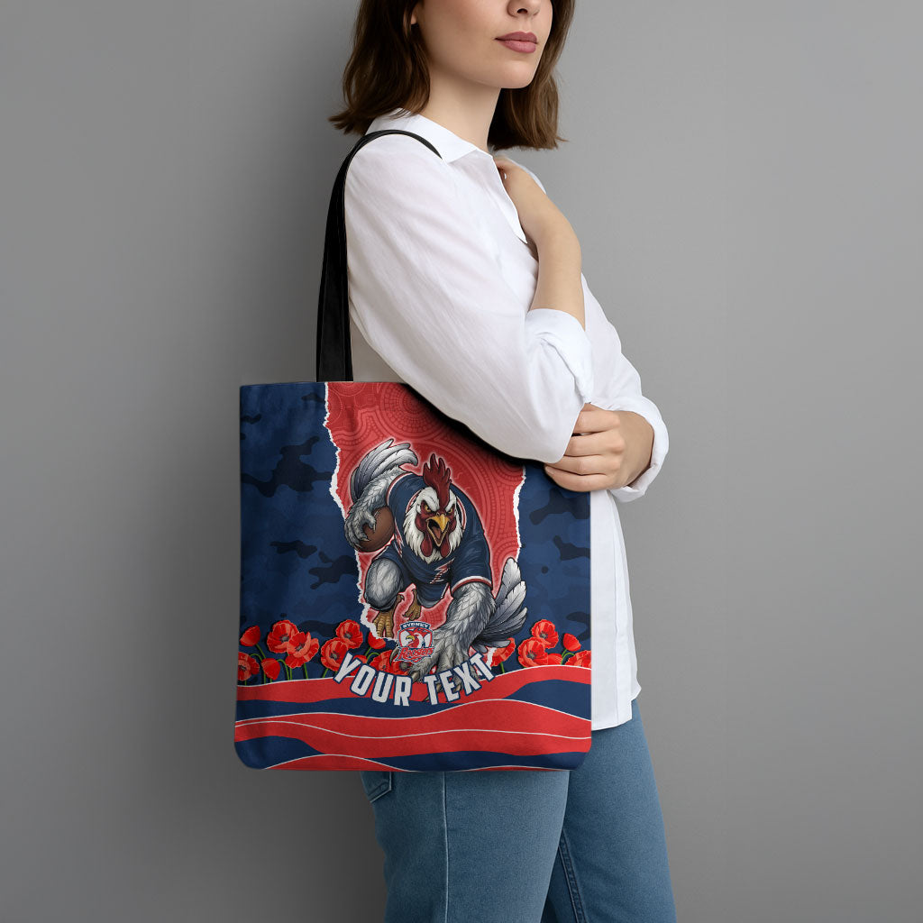 Personalized Sydney Roosters ANZAC Tribute Tote Bag Poppy Field Soldier Silhouette Aboriginal Rugby Mascot