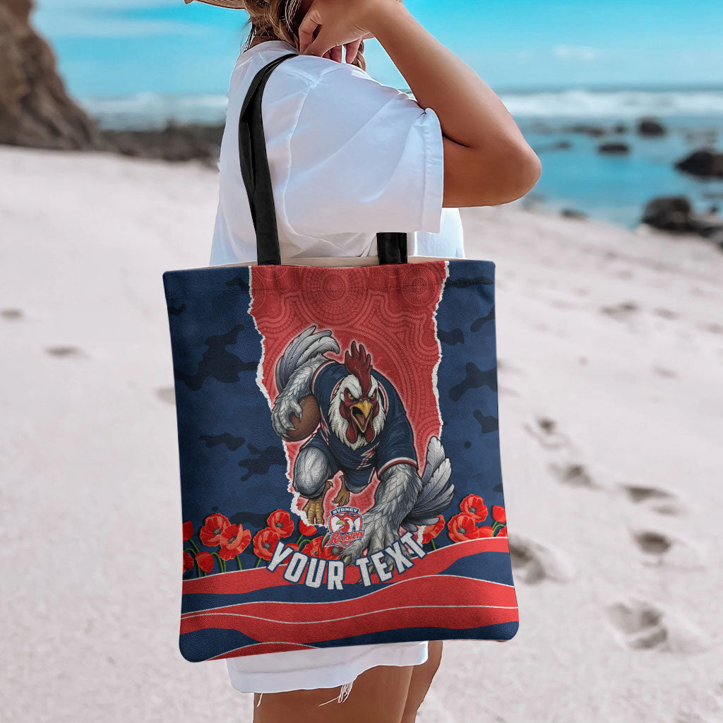 Personalized Sydney Roosters ANZAC Tribute Tote Bag Poppy Field Soldier Silhouette Aboriginal Rugby Mascot