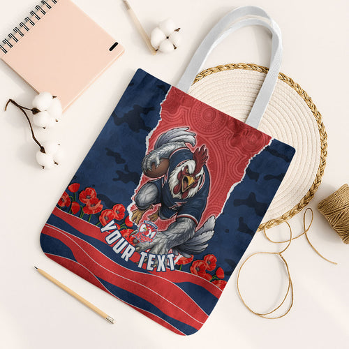 Personalized Sydney Roosters ANZAC Tribute Tote Bag Poppy Field Soldier Silhouette Aboriginal Rugby Mascot