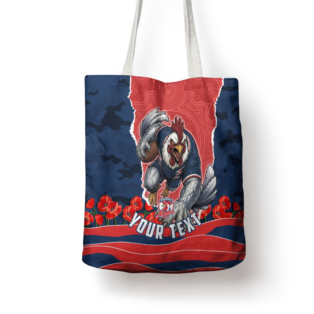 Personalized Sydney Roosters ANZAC Tribute Tote Bag Poppy Field Soldier Silhouette Aboriginal Rugby Mascot