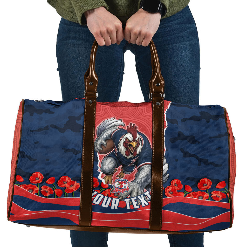 Personalized Sydney Roosters ANZAC Tribute Travel Bag Poppy Field Soldier Silhouette Aboriginal Rugby Mascot