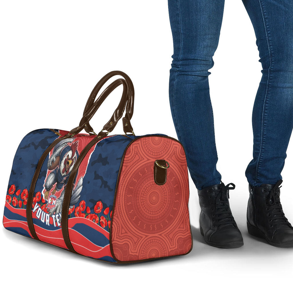 Personalized Sydney Roosters ANZAC Tribute Travel Bag Poppy Field Soldier Silhouette Aboriginal Rugby Mascot