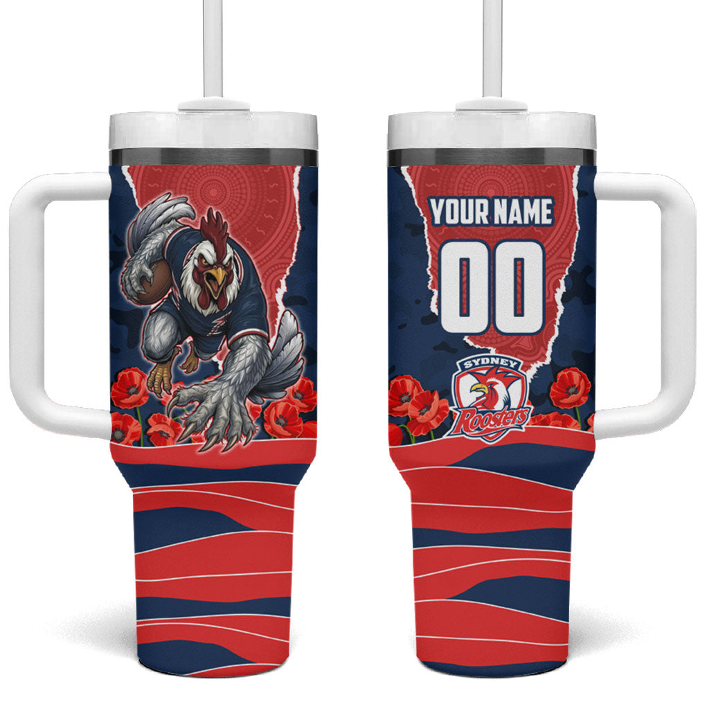 Personalized Sydney Roosters ANZAC Tribute Tumbler With Handle Poppy Field Soldier Silhouette Aboriginal Rugby Mascot