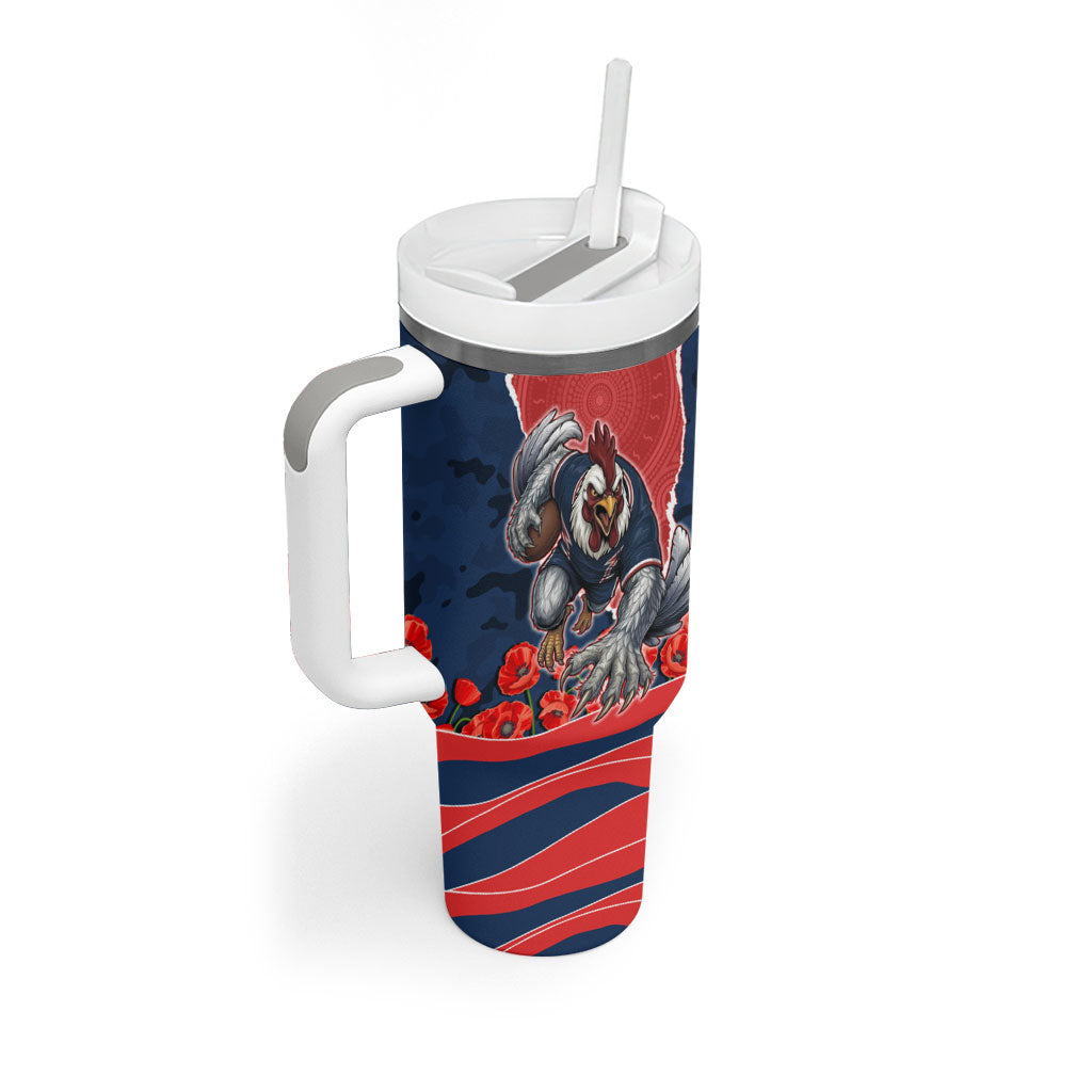 Personalized Sydney Roosters ANZAC Tribute Tumbler With Handle Poppy Field Soldier Silhouette Aboriginal Rugby Mascot