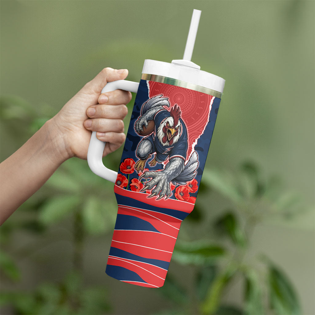 Personalized Sydney Roosters ANZAC Tribute Tumbler With Handle Poppy Field Soldier Silhouette Aboriginal Rugby Mascot
