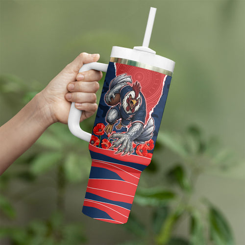 Personalized Sydney Roosters ANZAC Tribute Tumbler With Handle Poppy Field Soldier Silhouette Aboriginal Rugby Mascot