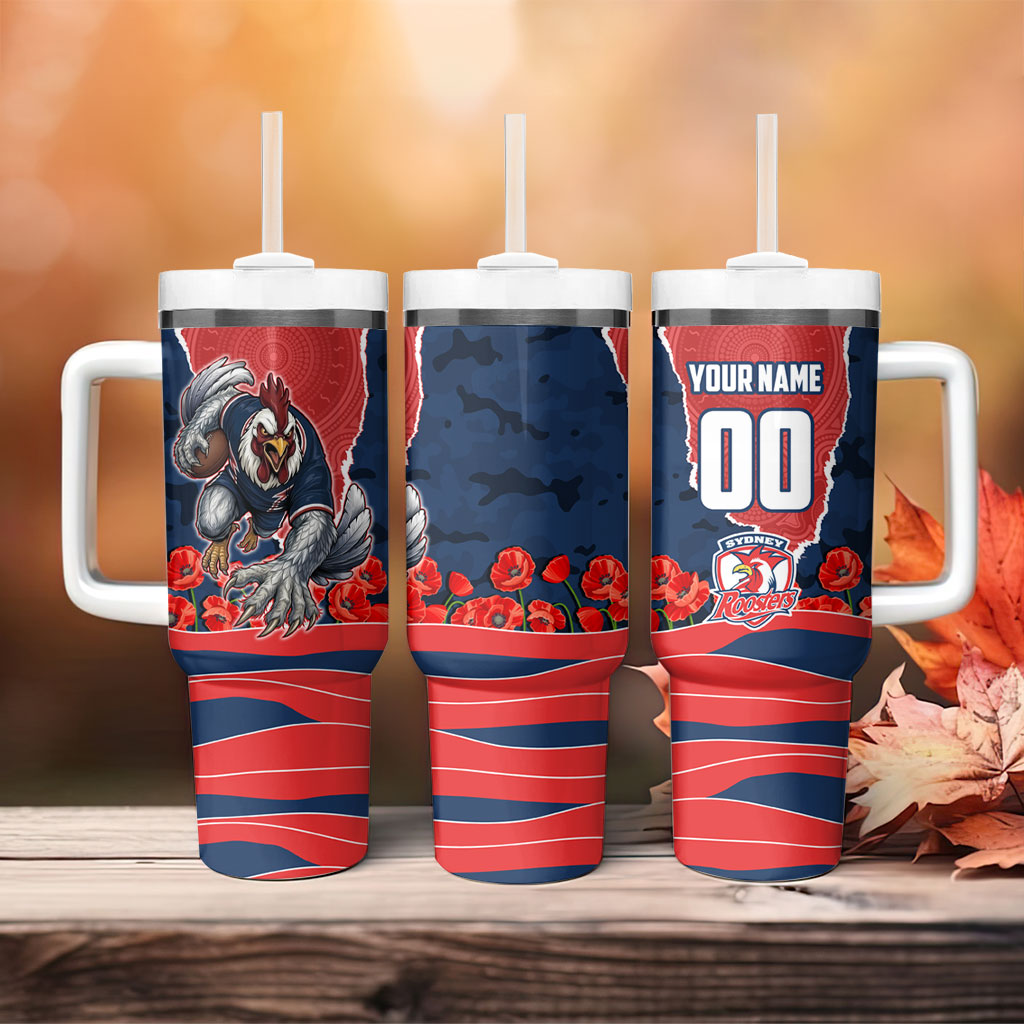 Personalized Sydney Roosters ANZAC Tribute Tumbler With Handle Poppy Field Soldier Silhouette Aboriginal Rugby Mascot
