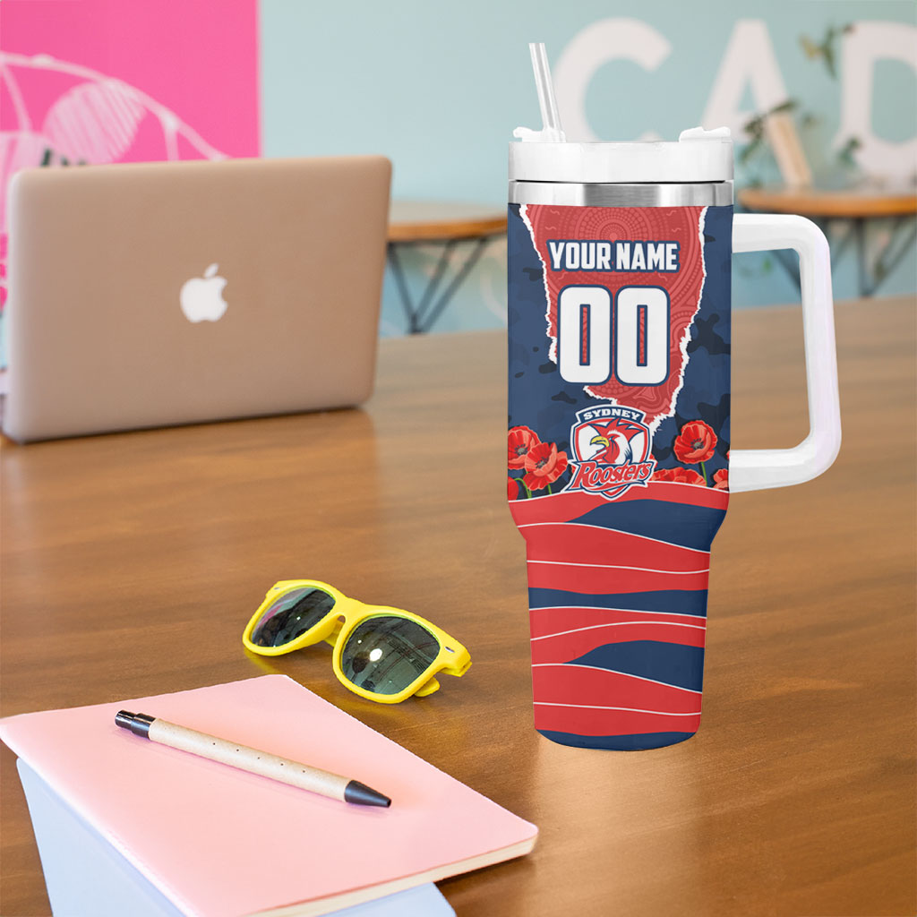 Personalized Sydney Roosters ANZAC Tribute Tumbler With Handle Poppy Field Soldier Silhouette Aboriginal Rugby Mascot