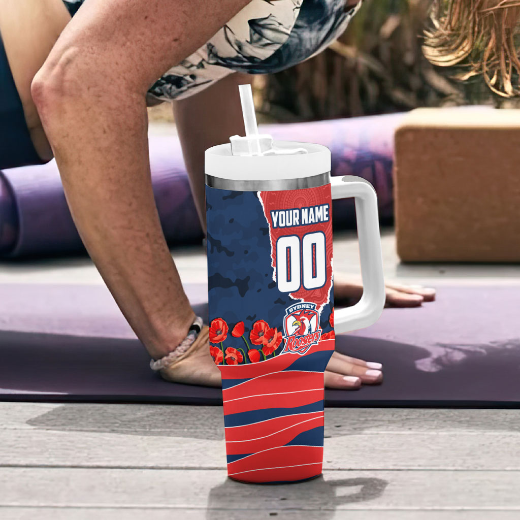 Personalized Sydney Roosters ANZAC Tribute Tumbler With Handle Poppy Field Soldier Silhouette Aboriginal Rugby Mascot