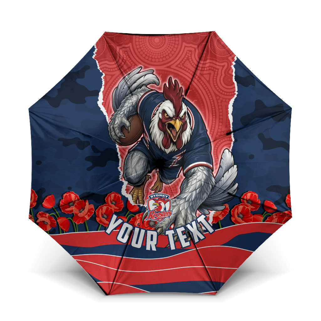 Personalized Sydney Roosters ANZAC Tribute Umbrella Poppy Field Soldier Silhouette Aboriginal Rugby Mascot
