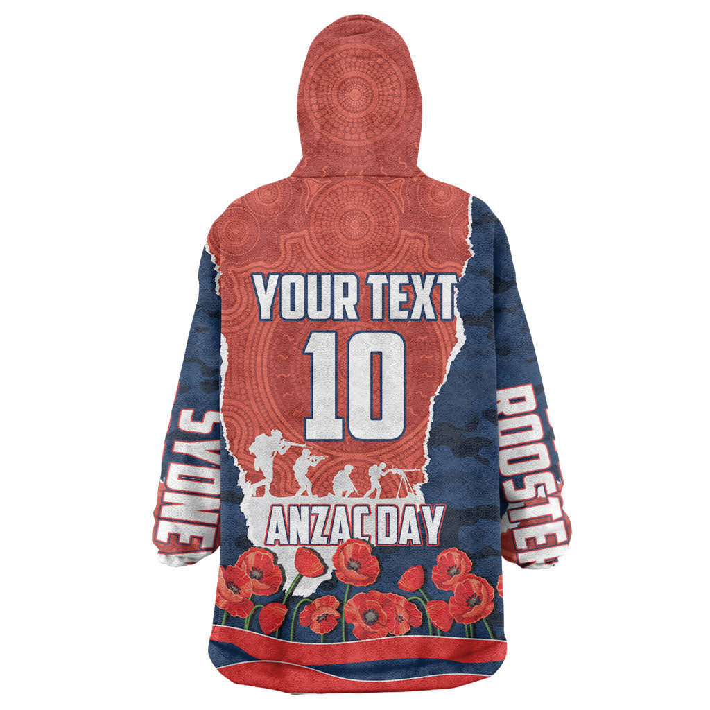 Personalized Sydney Roosters ANZAC Tribute Wearable Blanket Hoodie Poppy Field Soldier Silhouette Aboriginal Rugby Mascot