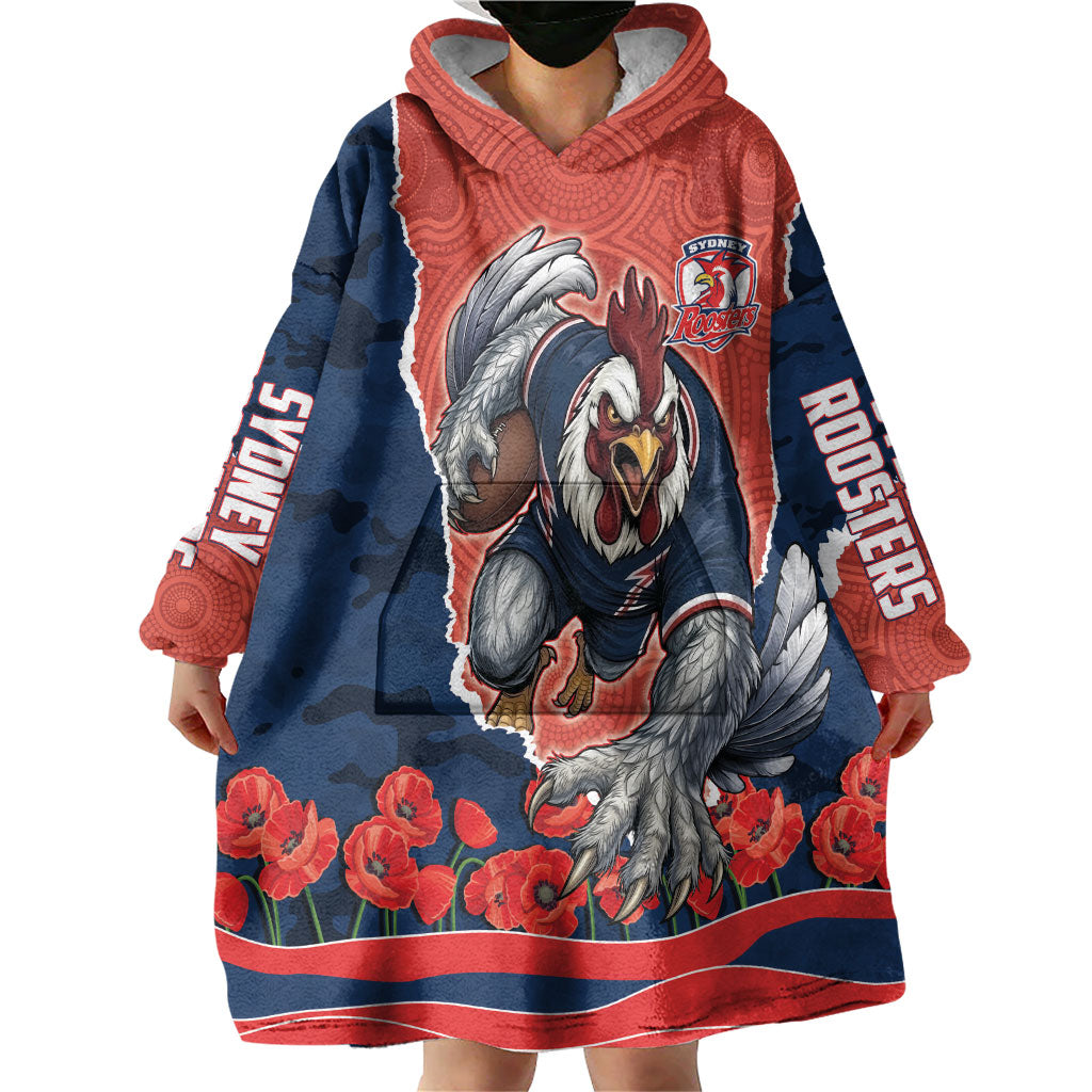 Personalized Sydney Roosters ANZAC Tribute Wearable Blanket Hoodie Poppy Field Soldier Silhouette Aboriginal Rugby Mascot