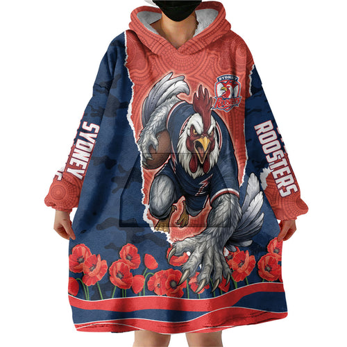 Personalized Sydney Roosters ANZAC Tribute Wearable Blanket Hoodie Poppy Field Soldier Silhouette Aboriginal Rugby Mascot