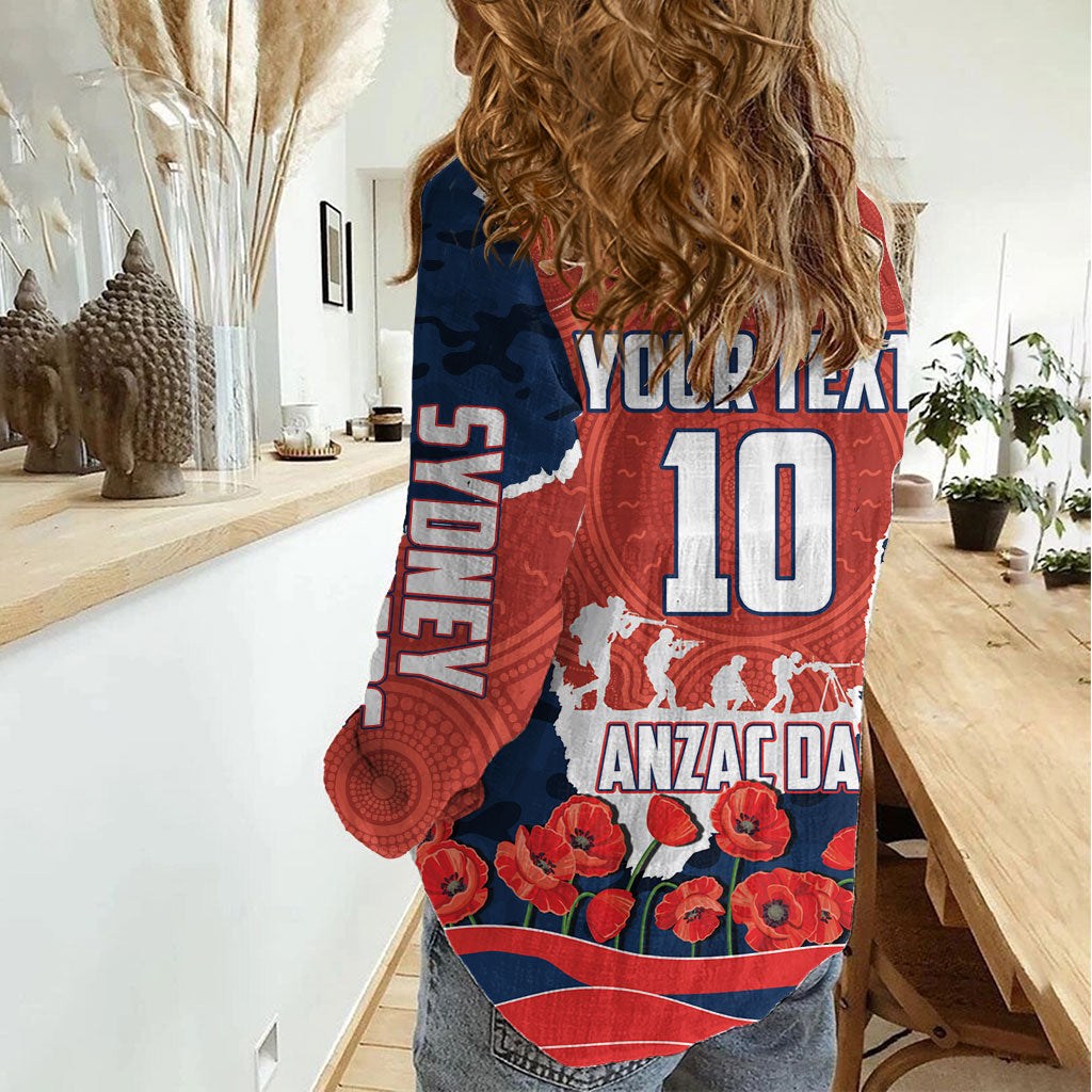 Personalized Sydney Roosters ANZAC Tribute Women Casual Shirt Poppy Field Soldier Silhouette Aboriginal Rugby Mascot