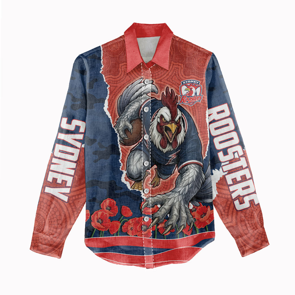 Personalized Sydney Roosters ANZAC Tribute Women Casual Shirt Poppy Field Soldier Silhouette Aboriginal Rugby Mascot