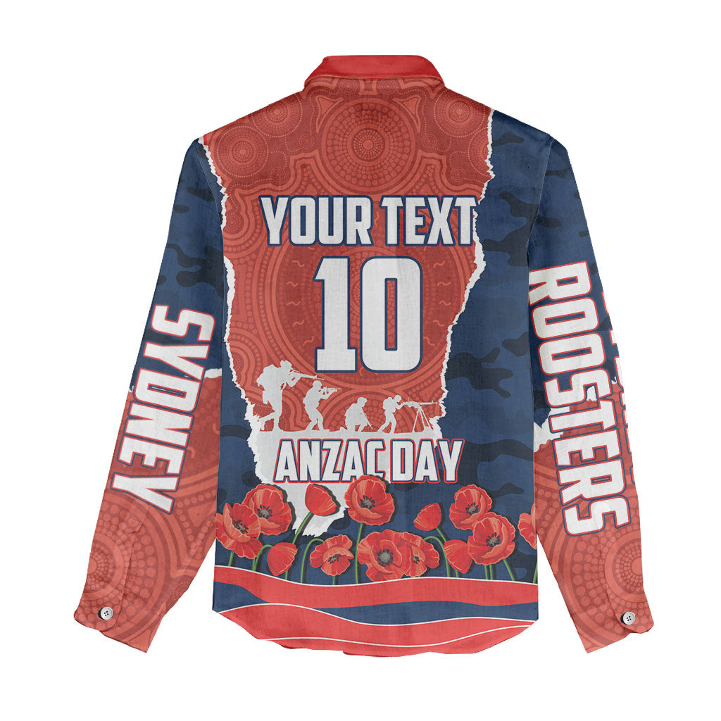 Personalized Sydney Roosters ANZAC Tribute Women Casual Shirt Poppy Field Soldier Silhouette Aboriginal Rugby Mascot