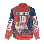 Personalized Sydney Roosters ANZAC Tribute Women Casual Shirt Poppy Field Soldier Silhouette Aboriginal Rugby Mascot