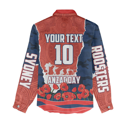 Personalized Sydney Roosters ANZAC Tribute Women Casual Shirt Poppy Field Soldier Silhouette Aboriginal Rugby Mascot