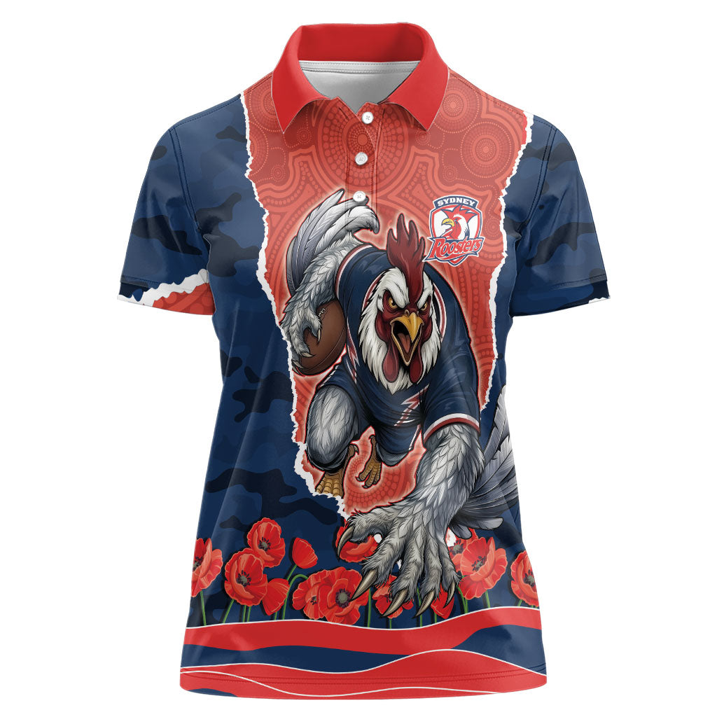 Personalized Sydney Roosters ANZAC Tribute Women Polo Shirt Poppy Field Soldier Silhouette Aboriginal Rugby Mascot