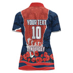 Personalized Sydney Roosters ANZAC Tribute Women Polo Shirt Poppy Field Soldier Silhouette Aboriginal Rugby Mascot