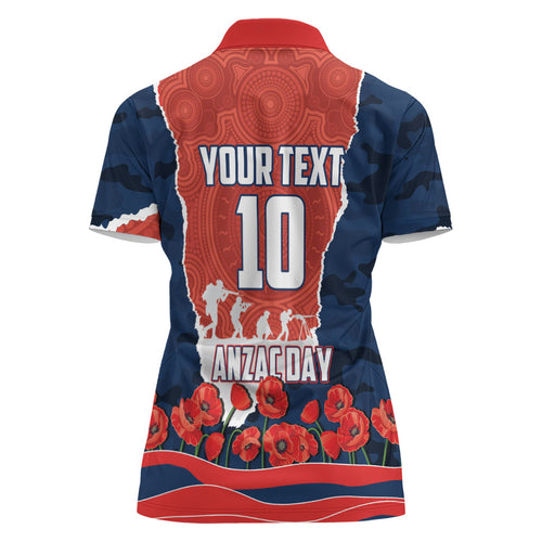 Personalized Sydney Roosters ANZAC Tribute Women Polo Shirt Poppy Field Soldier Silhouette Aboriginal Rugby Mascot