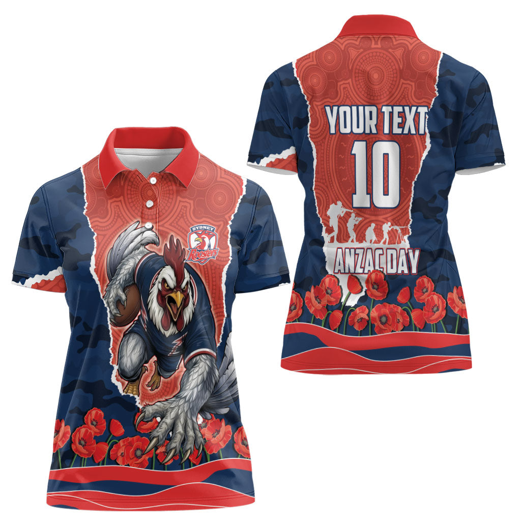 Personalized Sydney Roosters ANZAC Tribute Women Polo Shirt Poppy Field Soldier Silhouette Aboriginal Rugby Mascot