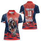 Personalized Sydney Roosters ANZAC Tribute Women Polo Shirt Poppy Field Soldier Silhouette Aboriginal Rugby Mascot
