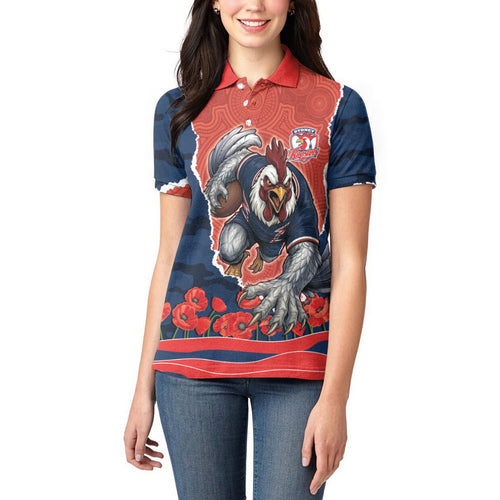 Personalized Sydney Roosters ANZAC Tribute Women Polo Shirt Poppy Field Soldier Silhouette Aboriginal Rugby Mascot