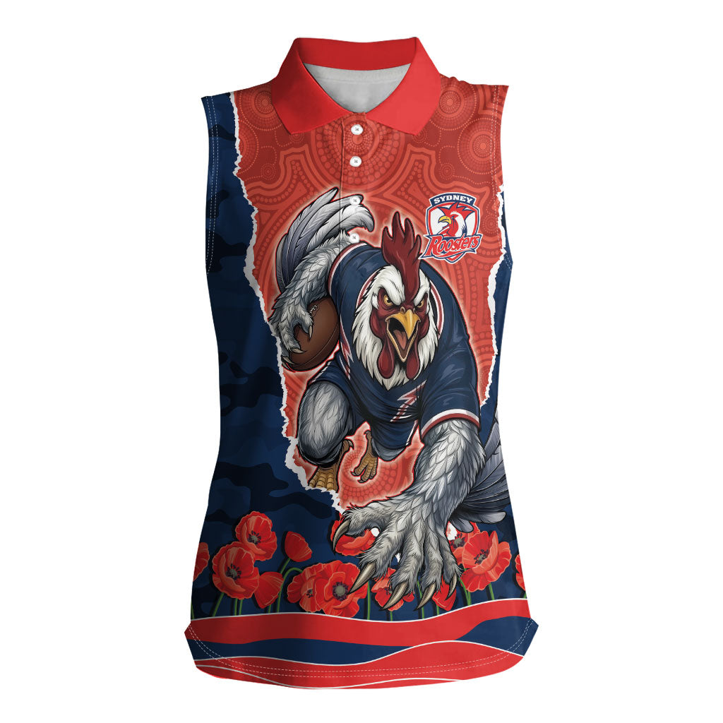 Personalized Sydney Roosters ANZAC Tribute Women Sleeveless Polo Shirt Poppy Field Soldier Silhouette Aboriginal Rugby Mascot