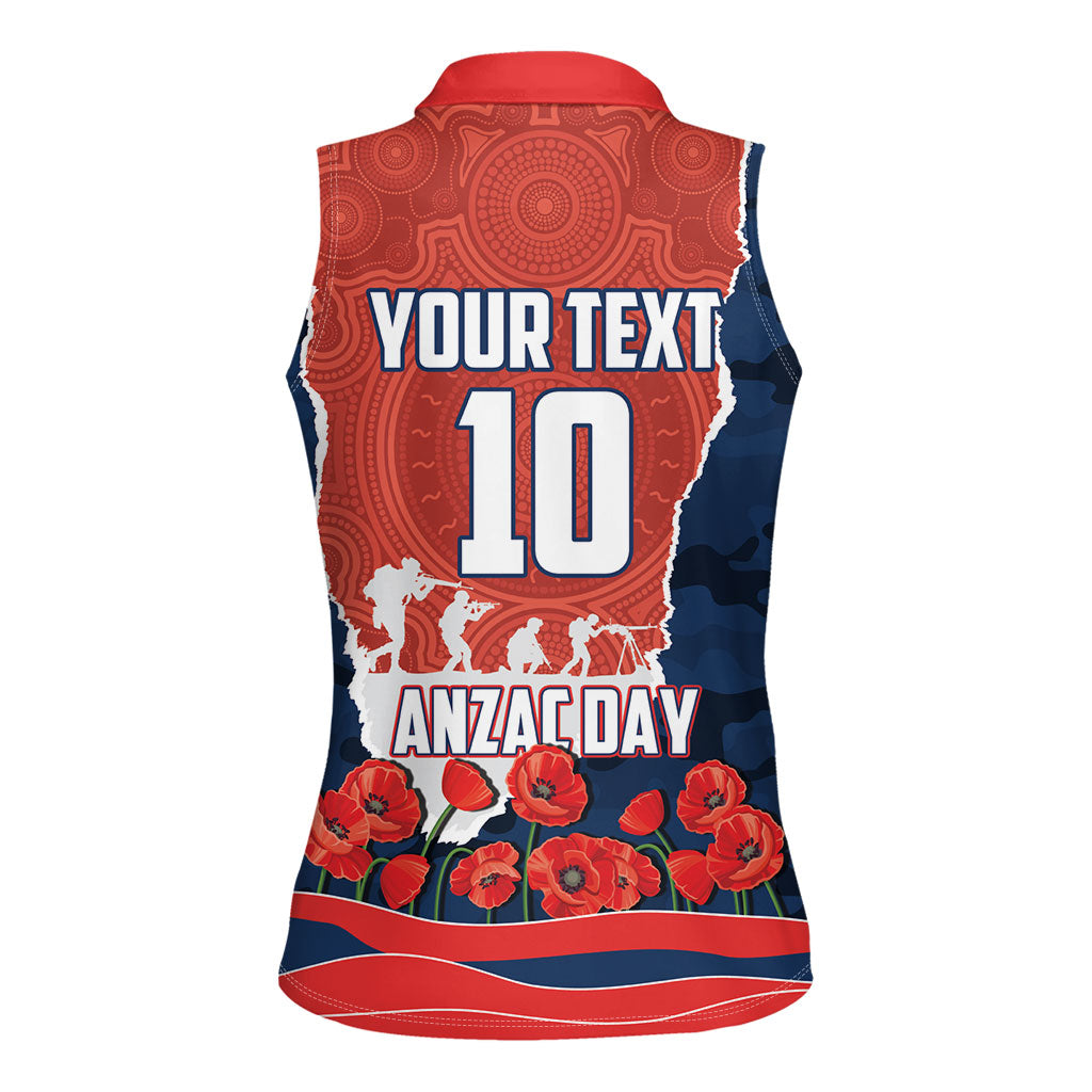 Personalized Sydney Roosters ANZAC Tribute Women Sleeveless Polo Shirt Poppy Field Soldier Silhouette Aboriginal Rugby Mascot