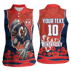 Personalized Sydney Roosters ANZAC Tribute Women Sleeveless Polo Shirt Poppy Field Soldier Silhouette Aboriginal Rugby Mascot