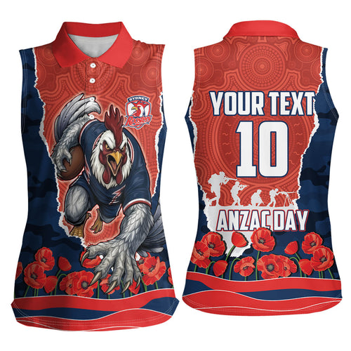 Personalized Sydney Roosters ANZAC Tribute Women Sleeveless Polo Shirt Poppy Field Soldier Silhouette Aboriginal Rugby Mascot