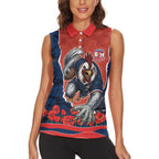 Personalized Sydney Roosters ANZAC Tribute Women Sleeveless Polo Shirt Poppy Field Soldier Silhouette Aboriginal Rugby Mascot