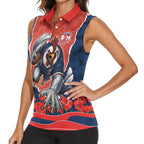 Personalized Sydney Roosters ANZAC Tribute Women Sleeveless Polo Shirt Poppy Field Soldier Silhouette Aboriginal Rugby Mascot