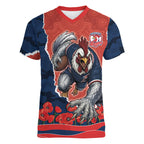 Personalized Sydney Roosters ANZAC Tribute Women V-Neck T-Shirt Poppy Field Soldier Silhouette Aboriginal Rugby Mascot