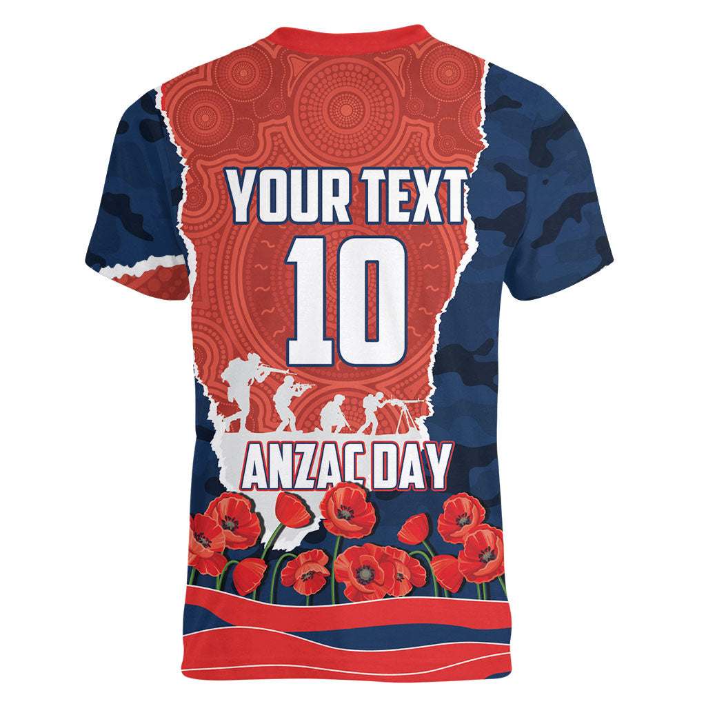 Personalized Sydney Roosters ANZAC Tribute Women V-Neck T-Shirt Poppy Field Soldier Silhouette Aboriginal Rugby Mascot