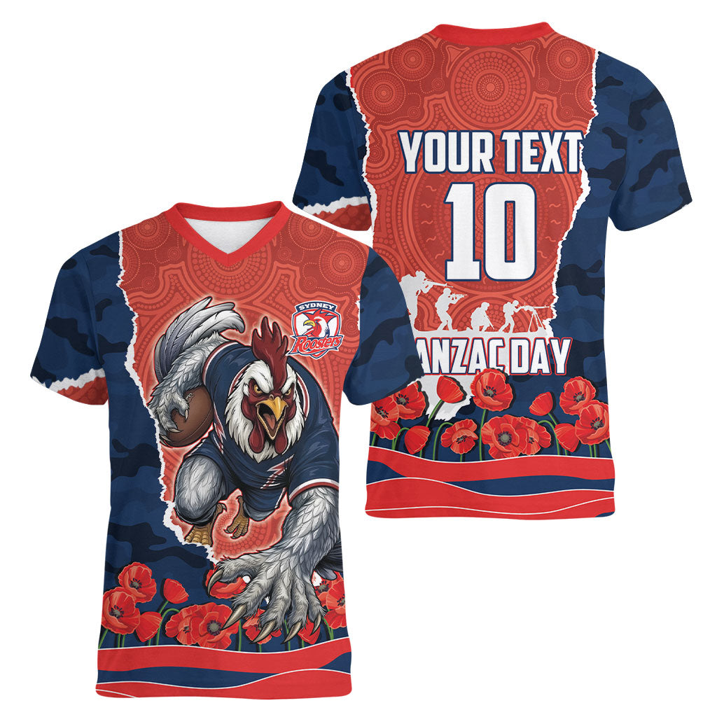 Personalized Sydney Roosters ANZAC Tribute Women V-Neck T-Shirt Poppy Field Soldier Silhouette Aboriginal Rugby Mascot