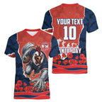 Personalized Sydney Roosters ANZAC Tribute Women V-Neck T-Shirt Poppy Field Soldier Silhouette Aboriginal Rugby Mascot