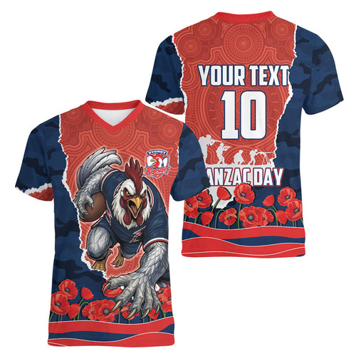 Personalized Sydney Roosters ANZAC Tribute Women V-Neck T-Shirt Poppy Field Soldier Silhouette Aboriginal Rugby Mascot