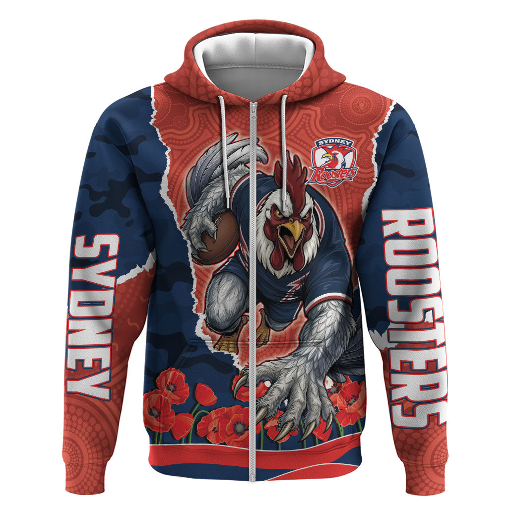 Personalized Sydney Roosters ANZAC Tribute Zip Hoodie Poppy Field Soldier Silhouette Aboriginal Rugby Mascot