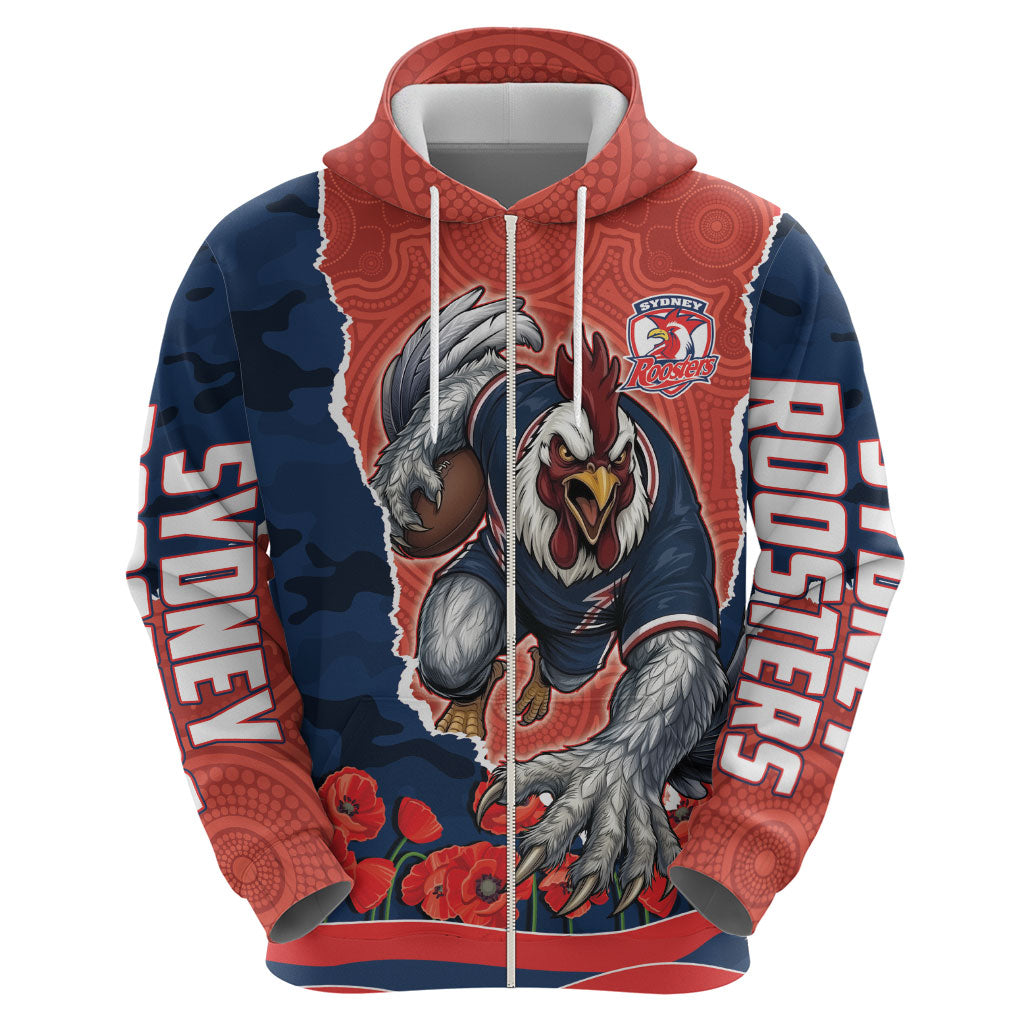 Personalized Sydney Roosters ANZAC Tribute Zip Hoodie Poppy Field Soldier Silhouette Aboriginal Rugby Mascot