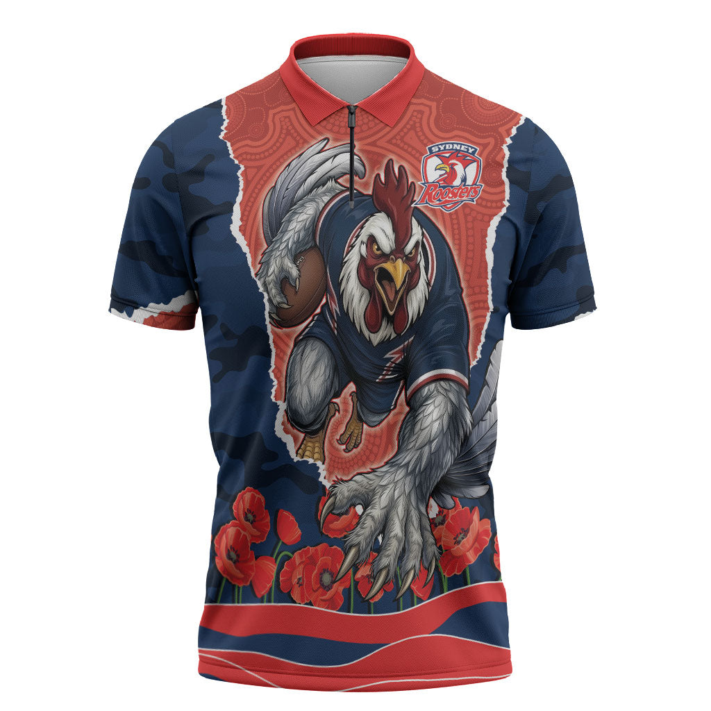Personalized Sydney Roosters ANZAC Tribute Zipper Polo Shirt Poppy Field Soldier Silhouette Aboriginal Rugby Mascot